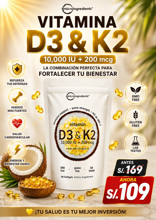 Vitamina D3 + K2 - Cápsulas de Fortalecimiento Óseo y Articular de 10,000 IU D3 + 200 MCG K2 (90 Softgels)